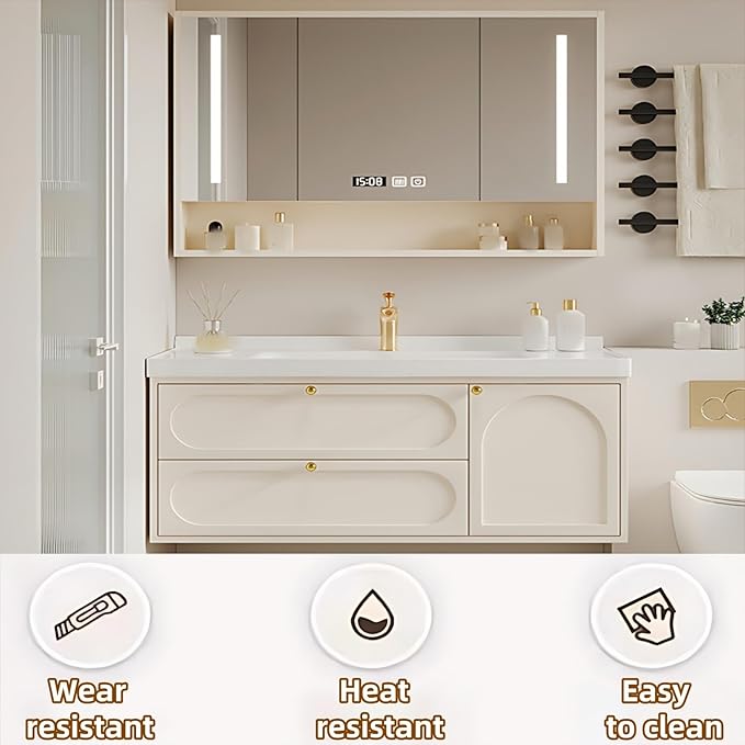 44IN Creamy White Floating Bathroom Vanities - Bathroom Vanity with Open Style Storage Shelf | Intelligent Mirror with Time Display has Defogging & Lighting, Water Blocking Edge, 2 Drawers (Style A)