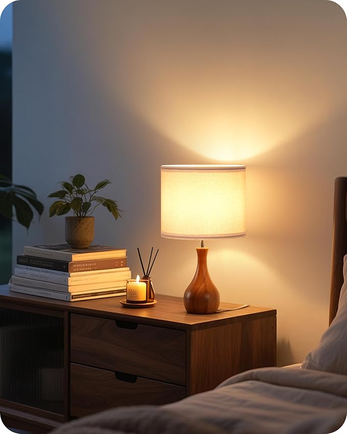 Small Table Lamp, Wood Desk Lamp with White Linen Lampshade & Dark Wood Bottle-Shaped Base, Modern Bedside Lamp with Cable, E26 Base, Bulb Not Included, for Bedroom, Kid's Room LW09TL05