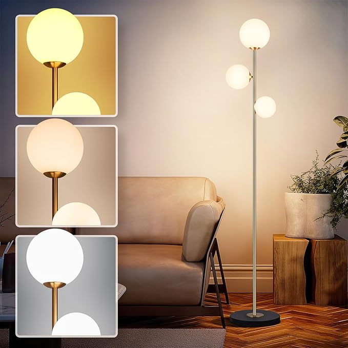 3 Globe Floor Lamps for Living Room, Mid Century Modern Standing Lamp with 3 Color Temperatures, Vintage Retro Tall Light with Frosted Glass Shades and LED Bulbs for Bedroom Office Corner (Gold)