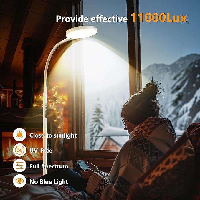 Light Therapy Lamp, 3 in 1 Therapy Floor Lighting, 11000 Lux Full Spectrum Therapy Lamps, UV-Free LED Sunlight, 10 Brightness/5 Color/Gooseneck/Height Adjustable Timer Control, White