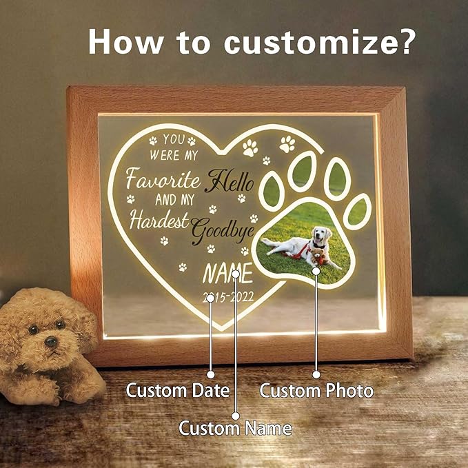 Custom Pet Memorial Night Light with Picture Frames Personalized Acrylic Plaque Sympathy Gift with Photo Name Date for Loss of Dog Cat Pet(H-Dog Paw Heart)
