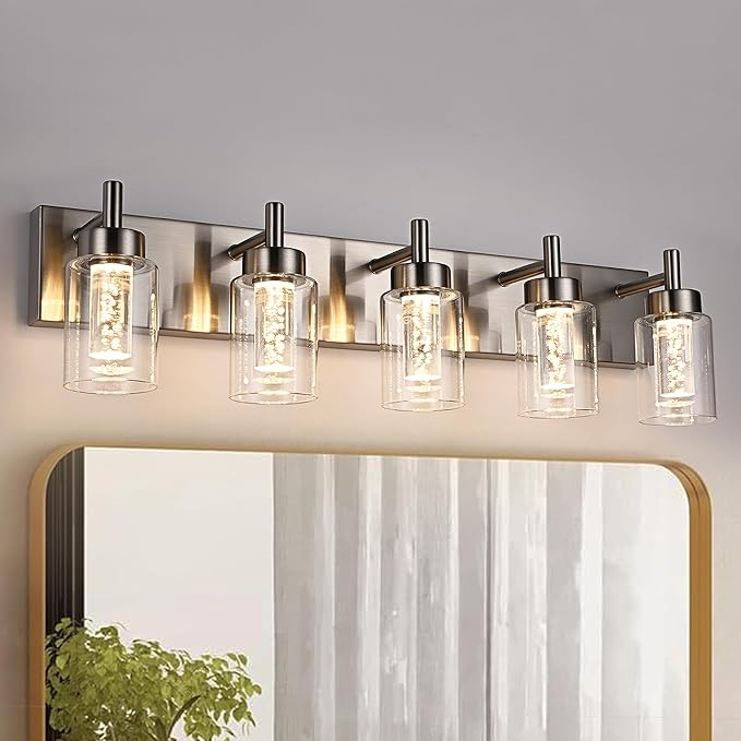 VINLUZ 5-Light Bathroom Vanity Light with 5 Color Modes, Brushed Nickel Dimmable Modern Wall Lighting Fixture Over Mirror with Clear Glass Shade and Crystal Bulb(LED Bulbs Included)