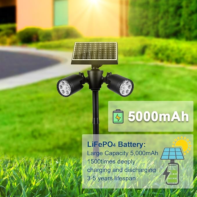 EMANER Solar Motion Sensor Light Outdoor, Motion Detect On/Off or Stay On, 5000mAh Spotlights Dusk to Dawn, Wall Mount or Pole Stake in Ground Solar Security Flood Light for Patio Yard Garden, 1Pack