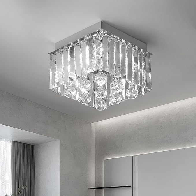 Crystal LED Ceiling Light Chandelier, Modern Semi Flush Mount Lighting Fixture Ceiling Lamp for Living Room, Dining Room, Bedroom, Kitchen Island, Entryway (7.87“ * 5.9” Square White Light)