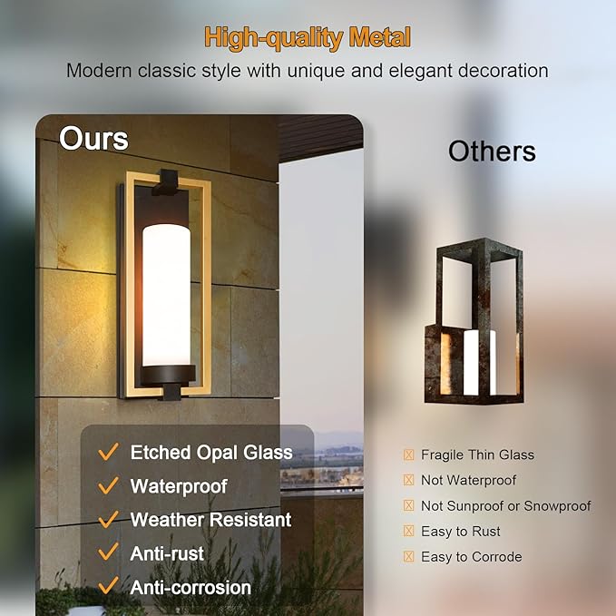 ALVIME Modern Gold Outdoor Wall Light Fixtures, 15 Inch 2 Pack Outdoor Wall Sconce for House, Waterproof Exterior Lighting Fixtures for Garage, Doorway, Porch, Patio, E26 Base&Etched Opal Glass