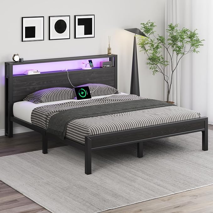 Full Size Bed Frame with Storage Headboard, Industrial Platform Bed with Charging Station and LED Lights, Heavy Duty Metal Slats, No Box Spring Need, Noise Free, Black