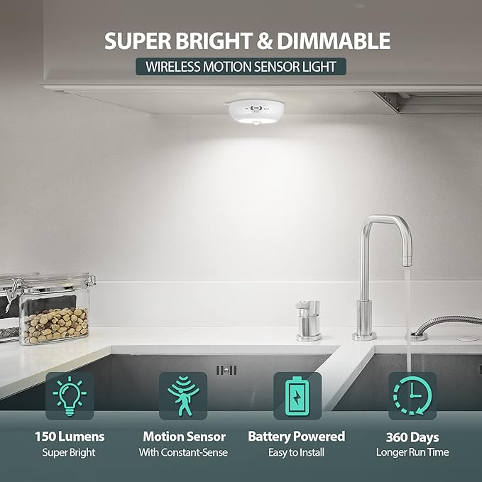 Motion Sensor Light Indoor, Under Cabinet Light, Ceiling Lights, AA Battery Operated Stick on Wireless Puck Lights for Wall, Step, Stair, Dimmable (6 Packs)