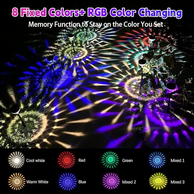 Solar Pathway Lights Outdoor, Color Changing+8 Fixed Color (Warm White, Cool White, Colored) Solar Lights Outdoor, Bright Solar Powered Garden Light (8 Pack)