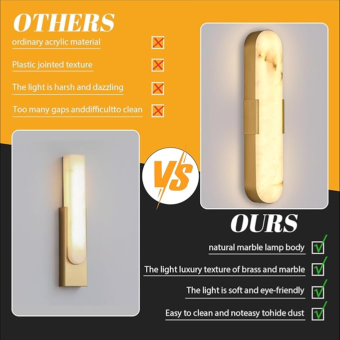 20“Natural Marble Wall Sconces Gold Alabaster Wall Sconce Vintage Bathroom Vanity Black LED Wall Lights 3000K Alabaster Indoor Mid Century Wall Lighting for Bedroom Living Room Hallway