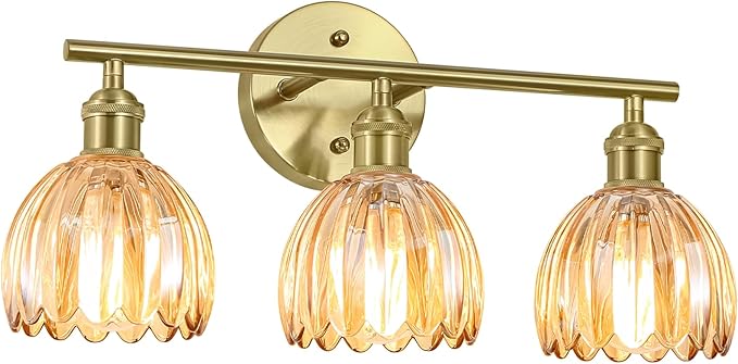 Vintage Bathroom Light Fixtures,3-Light Hardwired Vanity Lights with Amber Tulip Glass Shade,Gold Bathroom Vanity Light for Mirror Restroom,E26 Socket,18.5 in(Bulbs Not Included)