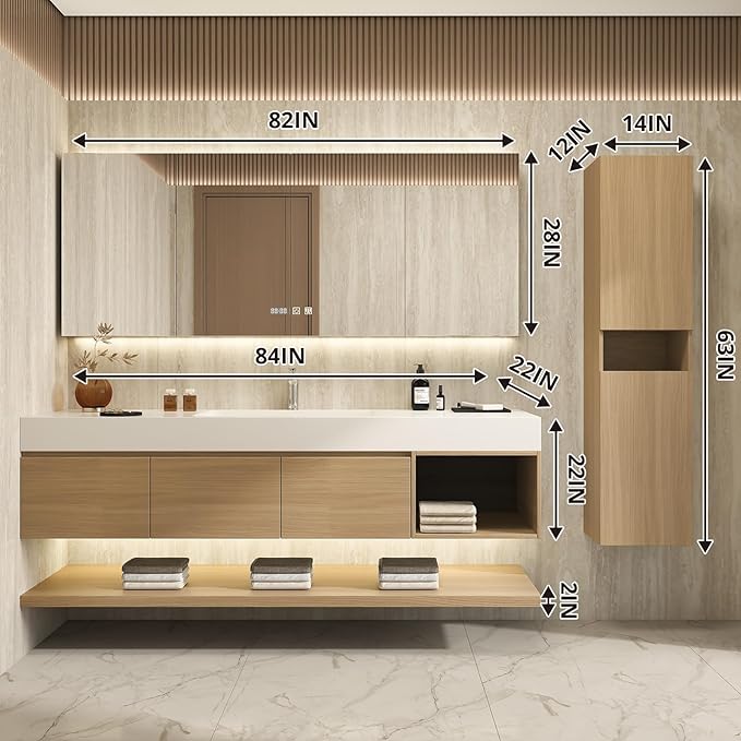 84" Modern Floating Bathroom Vanity Set with Sink, Side Cabinet, LED Smart Mirror Cabinet, 3 Soft-Close Drawers & Open Storage Shelves, Light Oak