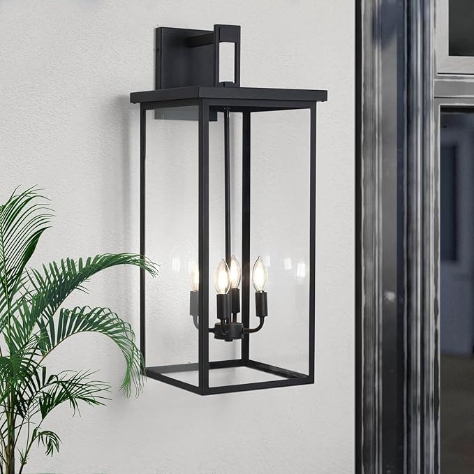 tewei 26IN Large Size Outdoor Wall Lantern Exterior Waterproof Wall Sconce, Matte Black Outdoor Lights for House Modern Porch Light with Clear Glass Shade, E12 Base Wall Light for Garage(1 Pack)