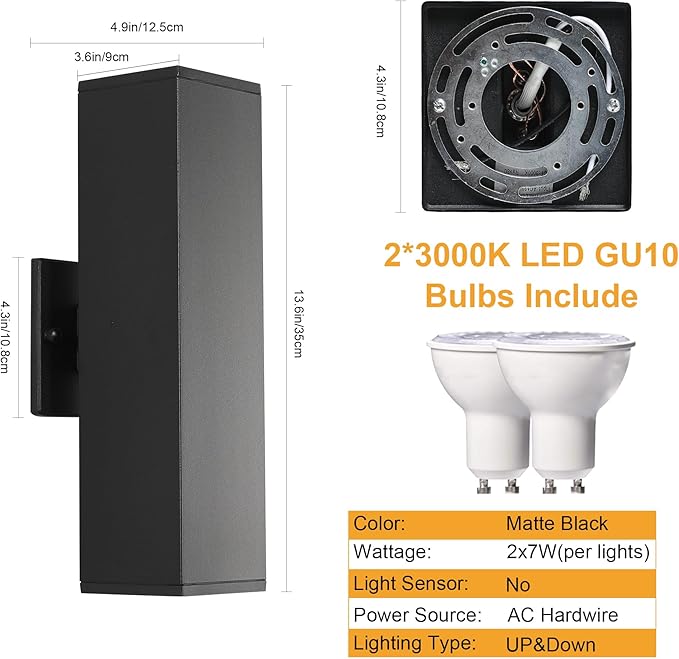 Modern Exterior Lighting Fixtures, Black Outdoor Wall Light Fixtures, 14 in Up and Down Front Porch Light,Square Outdoor Lights for House,Garage Include 12 * 7W Led GU10 Bulbs Aluminum 6PCS