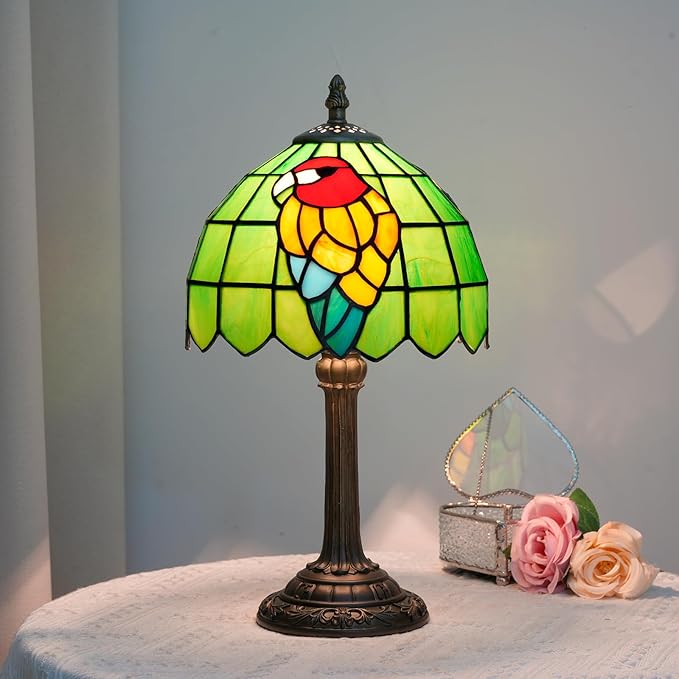 Parrot Tiffany Lamp Green Stained Glass Table lamp Bedroom Bedside Reading Desk Light for Home Office Dormitory Bar Decorate Retro Unique Cute Accent Decor Desk Light Nightstand Lamp
