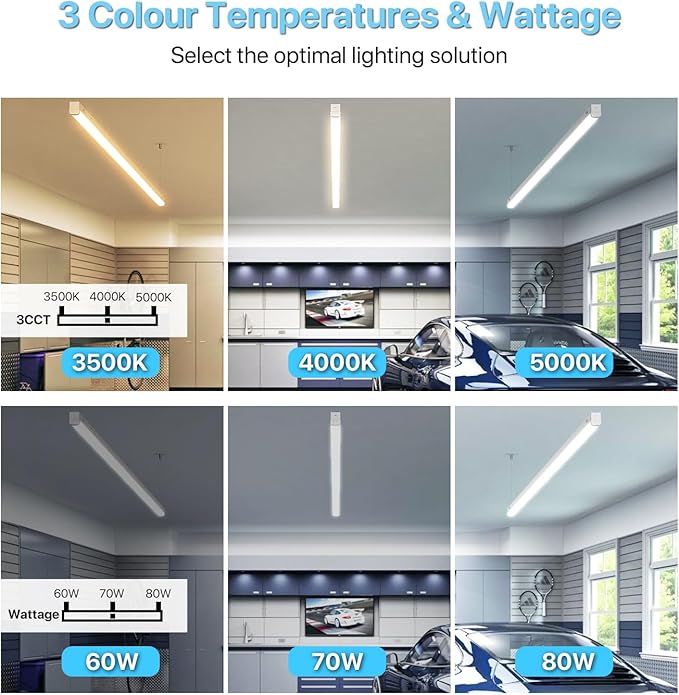HYPERLITE 80W LED Linear Strip Light 8FT,60/70/80W Linear Strip Lights Fixture 3500K/4000K/5000K CCT Selectable 1-10V Dimmable UL Listed 130lm/w Commercial LED Shop Light for Warehouse, 2P