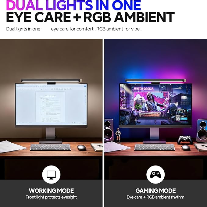 LYMAX Monitor Light Bar with RGB Backlight, Computer Light Bar for Eye Caring and USB Powered LED Desk Lamp 17.7 inch with Dimming Memory for Desktop, Space Saving for Gaming Home & Office