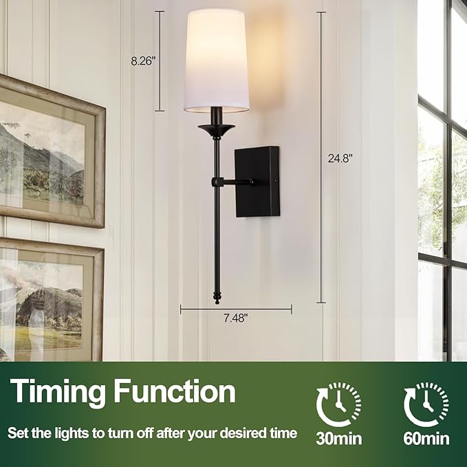 TERLEENART Rechargeable Battery Operated Wall Sconces Set of 2,Easy to Install Cordless Wall Lamps with Bulbs and Remote, Dimmable Black Wall Sconce for Living Room Decor