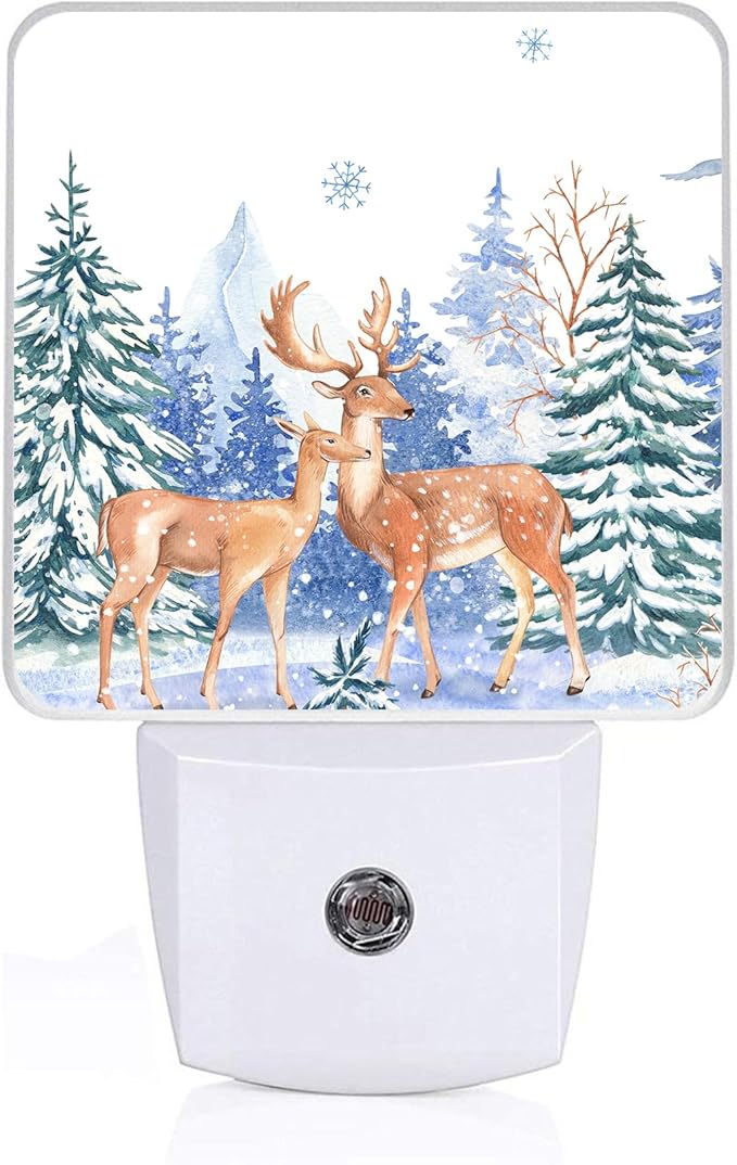 Vintage Deer Forest Night Light, Plug-into Winter Animals Nightlight White LED Lamp, Energy Efficient Decor Desk Lamp for Bedroom Hallway Stairs Bathroom