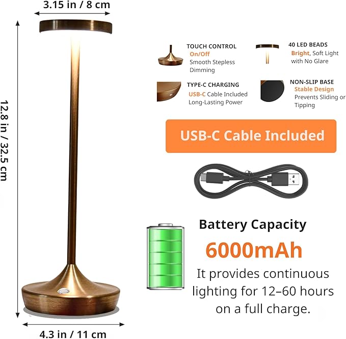 Cordless Table Lamp Rechargeable - 6000mAh LED Battery Operated Table Light - Portable Touch Dimmable Outdoor Waterproof Table Lamps for Patio Restaurant Dining (Bronze)