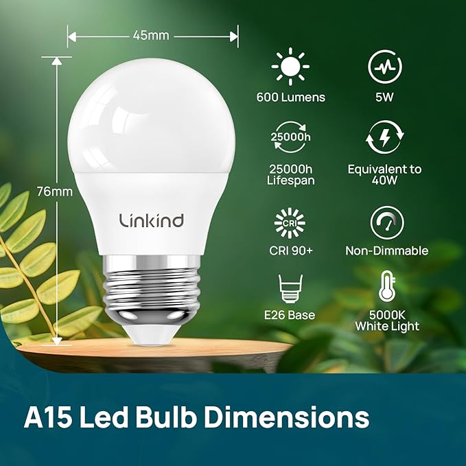 Linkind Led Refrigerator Light Bulbs, A15 Fridge Light Bulbs 40 Watts Equivalent Waterproof, 600LM Appliance Light Bulb 120V Non-dimmable 5W LED Bulbs for Freezer, E26 Base, Daylight 5000K, 1 Pack