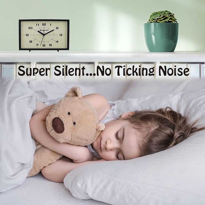 Analog Alarm Clock, 6 inch Silent Non Ticking Small Clock with Night Light, Battery Operated Simply Design for Bedroom, Bedside, Living Room, Room Decor, Desk, Table (Black)