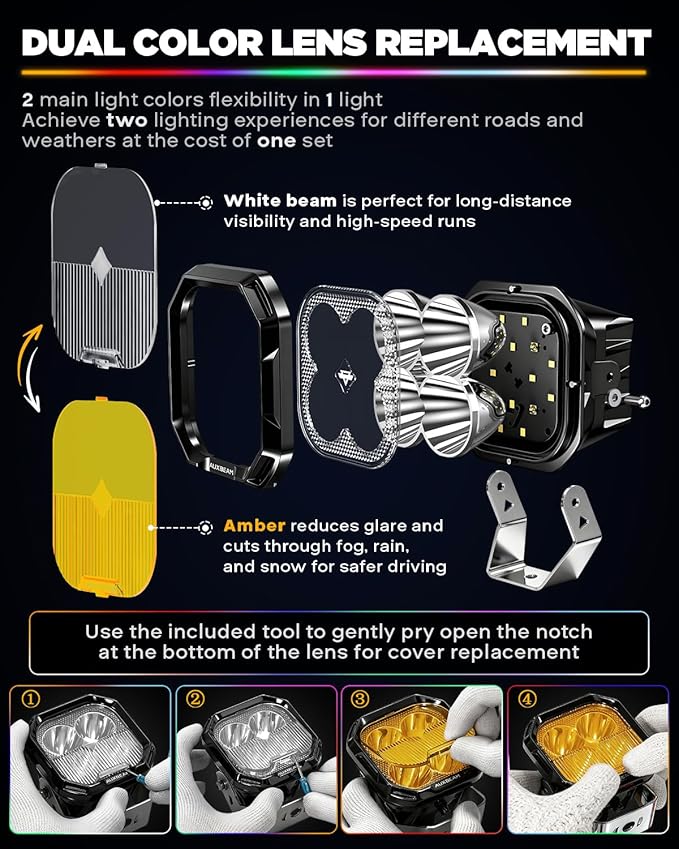 Auxbeam RGB Color Changing 3" LED Pods 116W Off-Road Lights 7+1 Ambient Backlight Gradient Cycle Accent Lighting, Spot Flood Combo, Amber White Lens Covers, Color Play Series