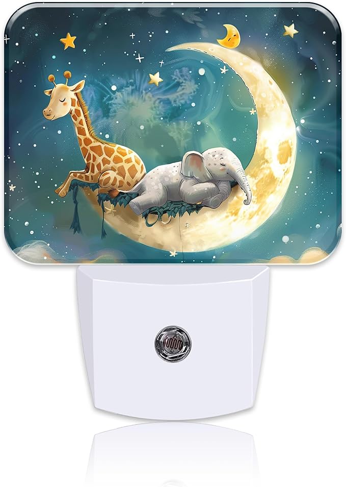 Cute Giraffe and Elephant Sleeping On Moon Night Light for Kids, LED Night Light Plug into Wall with Dusk to Dawn Sensor for Girls Boys Women Men Room, Hallway, Kitchen, Bathroom, Stairs Decor