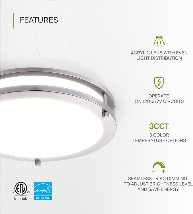 ASD LED 12" Round Flush Mount Lighting, Close to Ceiling Light Fixture | 3CCT, Dimmable, Energy Star, ETL Listed | 20W 1600LM 3000-5000K 100-277V | Low Profile Double Ring Lamp | Nickel, 4 Pack