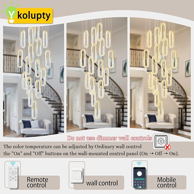 H138 High Ceiling Crystal Chandelier, Modern Oval Ring LED Chandeliers for Entryway Great Room Gold
