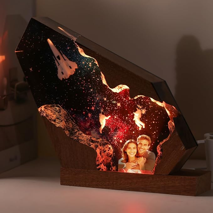 Custom Photo Space Resin Lamp - Handmade Galaxy Resin Night Light with Variable Lights, Unique Valentines Day Gifts for Him Her Kids, Personalized Birthday Gifts for Women Men Wife Husband (8"x5")