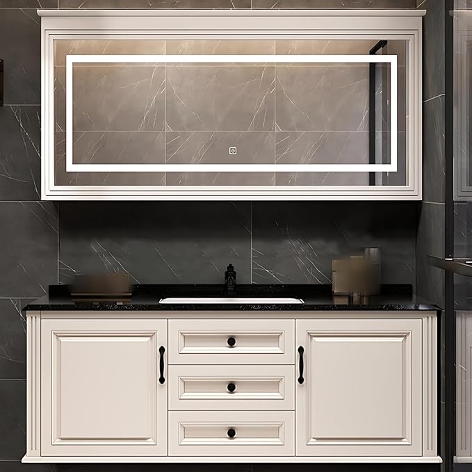 56IN Bathroom Vanity with Single Sink - Open Style Storage Shelves & Side Cabinets | Wall Mounted Bathroom Vanities Set, Time Display Mirror Cabinet Includes Defogging & Lighting Functions (Style B)