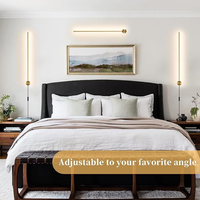 dimmable Modern Plug in Wall Sconce Set of 2, 23.6" Gold Brushed Wall Lights, Indoor Wall lamp Background Lighting with Memory Function, Applicable to Living Room and Bedroom 3000K 4000K 6000K
