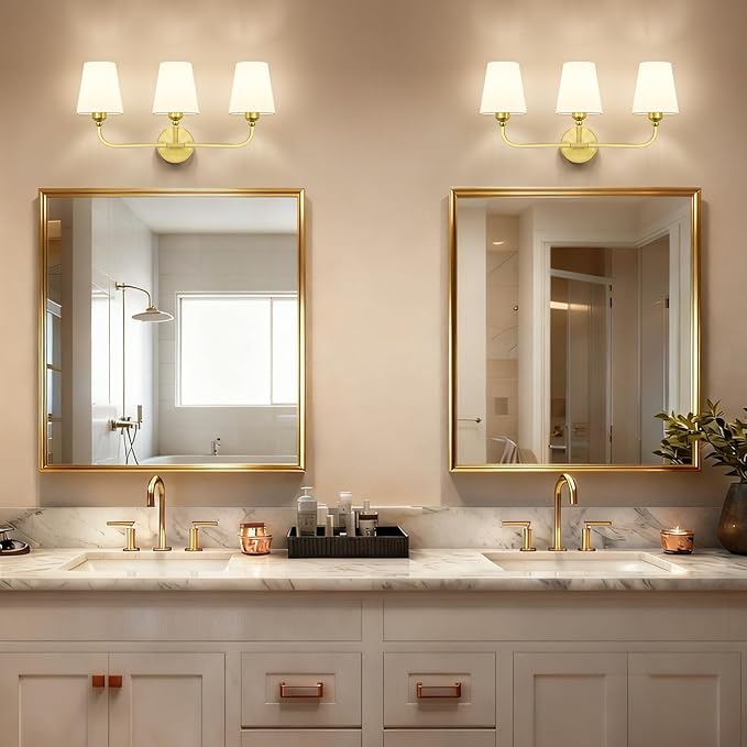 Brushed Gold Bathroom Light Fixtures, 3-Light Vanity Lights, Bathroom Lighting Fixtures Over Mirror with Flared White Fabric Shade,Modern Wall Sconce for Mirror Hallway Bedroom Living Room(ETL Listed)