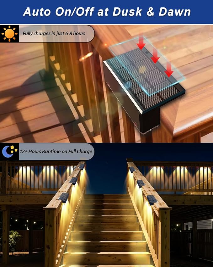 EGOBOO Solar Fence Lights Outdoor, 10 Lighting Modes RGB Color Changing Holiday Decoration, IP65 Waterproof Dusk to Dawn Solar Powered Backyard and Deck Lights for Patio, Step, Railing, Wall, Garden