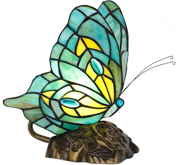 Small Tiffany Table lamp Stained Glass Butterfly Desk Lamp 7X5X9.8 Inch Accent Antique Light (Green Butterfly)