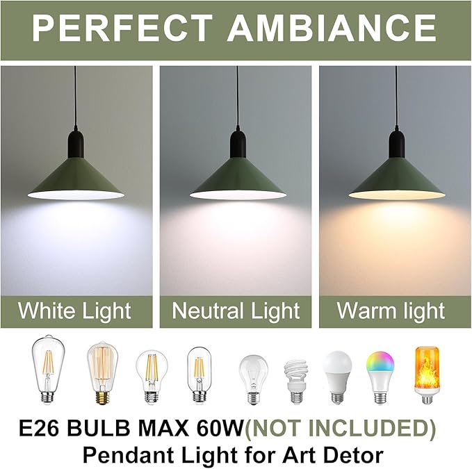 Modern Cone Pendant Lights Kitchen Island- Adjustable Hanging Lamp with Metal Shade & White Inner Finish- Single Head Ceiling Pendant Light for Dining Living Entryway Shop (Green-1 Pack)