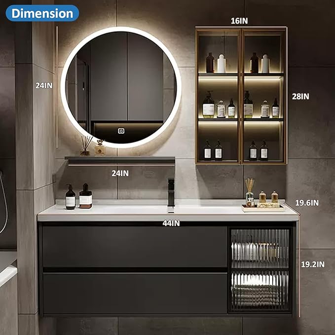 Floating Bathroom Vanity with Sink - LED Smart Defog Mirror | Ceramic Basin, Side Cabinets with Ambient Lighting, Modern Wood Bathroom Cabinet (44'')