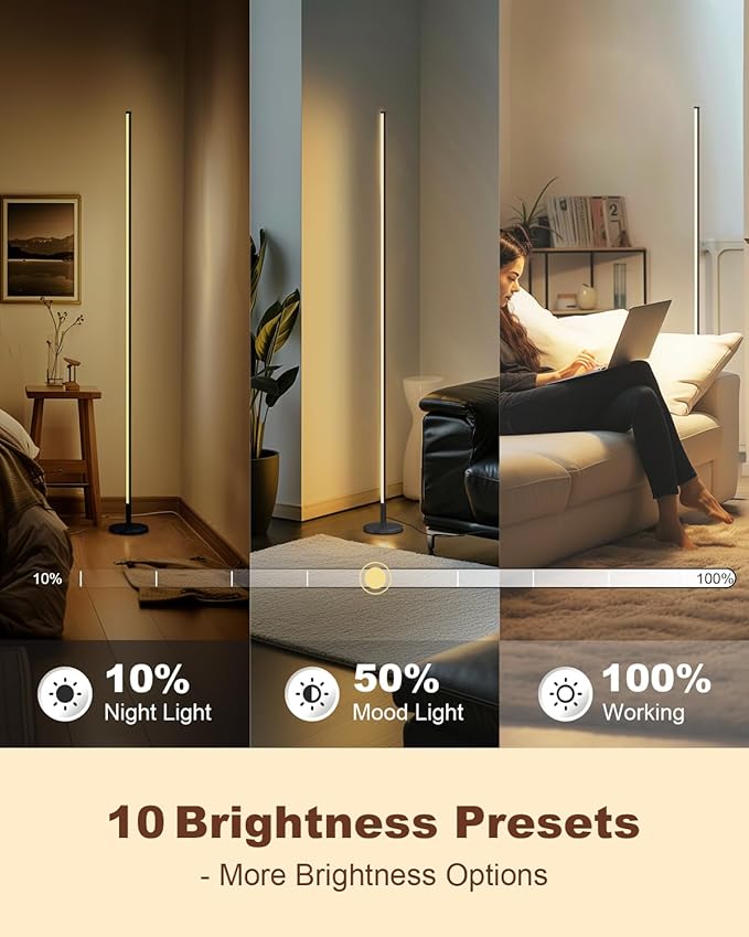 TACAHE Minimalist Corner Floor Lamp - 2700K-6500K Dimmable LED Night Light - Modern Standing Mood Lamp with Remote Control for Living Room, Bedroom - 57" 12W - Black - 1Pack