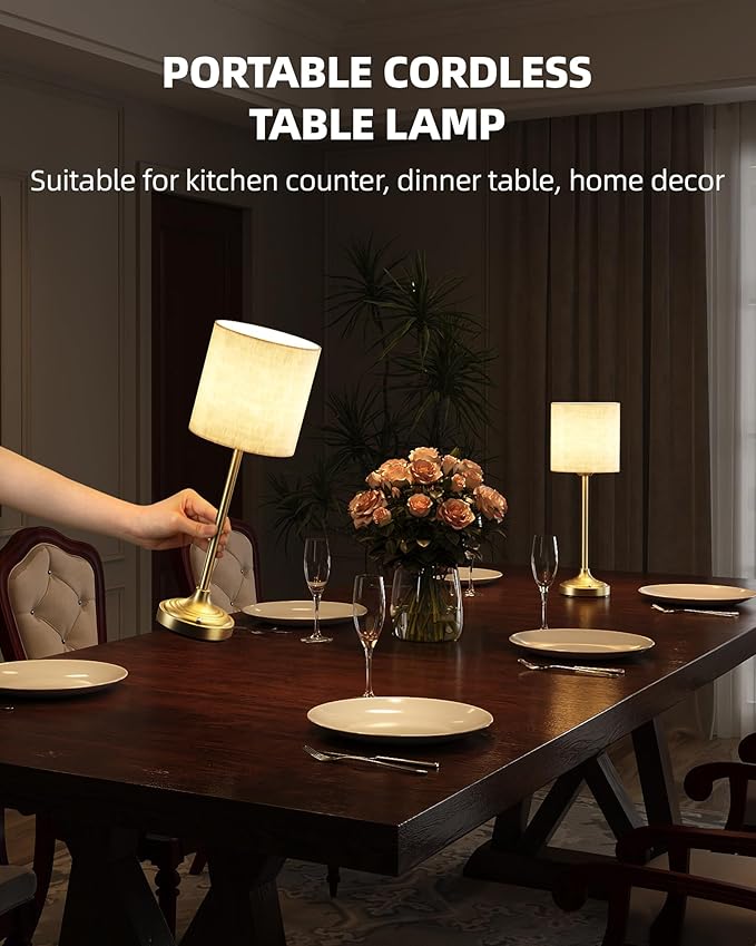 Rechargeable Table Lamp, 2-Pack, 8000mAh, Dimmable, Ambient Light, 2700K, Touch Control, Portable, LED, Wireless, Cordless, Battery Operated, Desk Lamp, Kitchen Lamp, Fabric Shade, for Dining Room