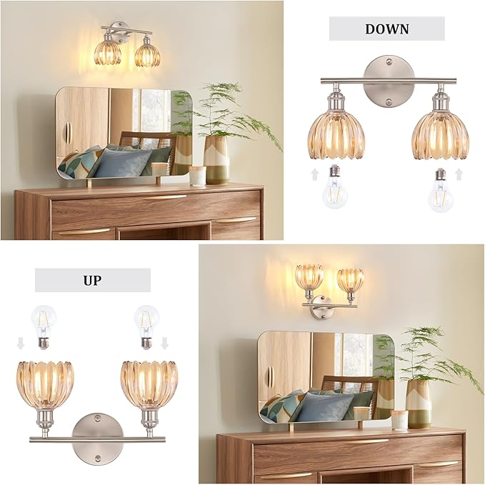 Bathroom Light Fixtures, 2-Light Vanity Wall Light Over Mirror with Amber Tulip Glass Shade for Bedroom Living Room (Bulb Not Included), Satin Nickel