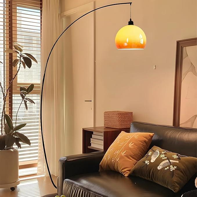 Bofea-Mid Century Modern Arc Floor Lamp,71 inches Tall Black Standing Lamps with Orange Glass Shade,Dimmable Reading Lamp Over Chair,Warm Lighting,Black Floor Lamps for Living Room,Bedroom Lighting