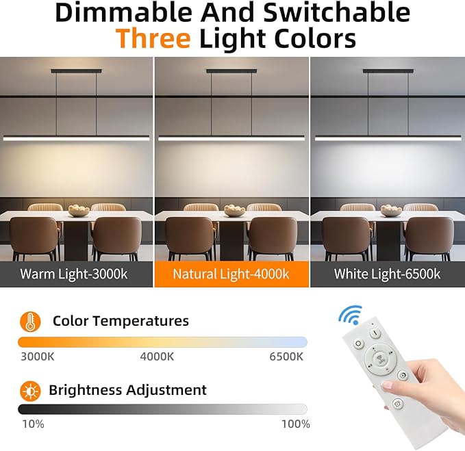Modern Linear Pendant Light, 47IN Modern Chandelier with Remote Control 3000k-6500K Adjustable Color Temperature，Aluminum Island Lighting Lamp for Dining Room, Living Room