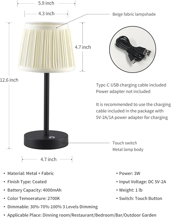 PUSU Cordless LED Black Table Lamp, Rechargeable 4000mAh 3 Way Dimmable Bedside Small Lamp with Fabric Shade, Lighting for Bedroom, Kids Room, Bathroom, Kitchen, Home Decor, Gift, Night Light