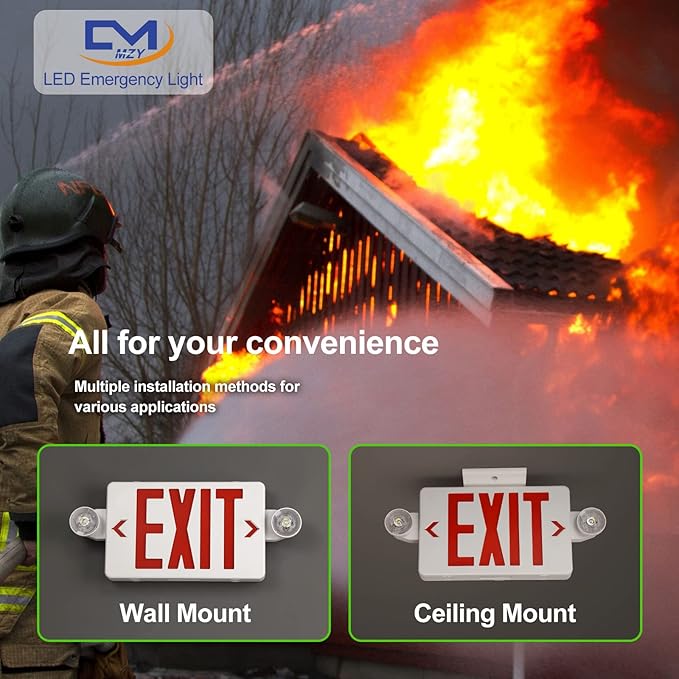CM MZY LED Exit Sign with Emergency Lights,Exit Sign Light with Battery Backup, Red Letter Emergency Lights with Two Adjustable Heads,AC 120V/277V, UL Certified, 2 Pack