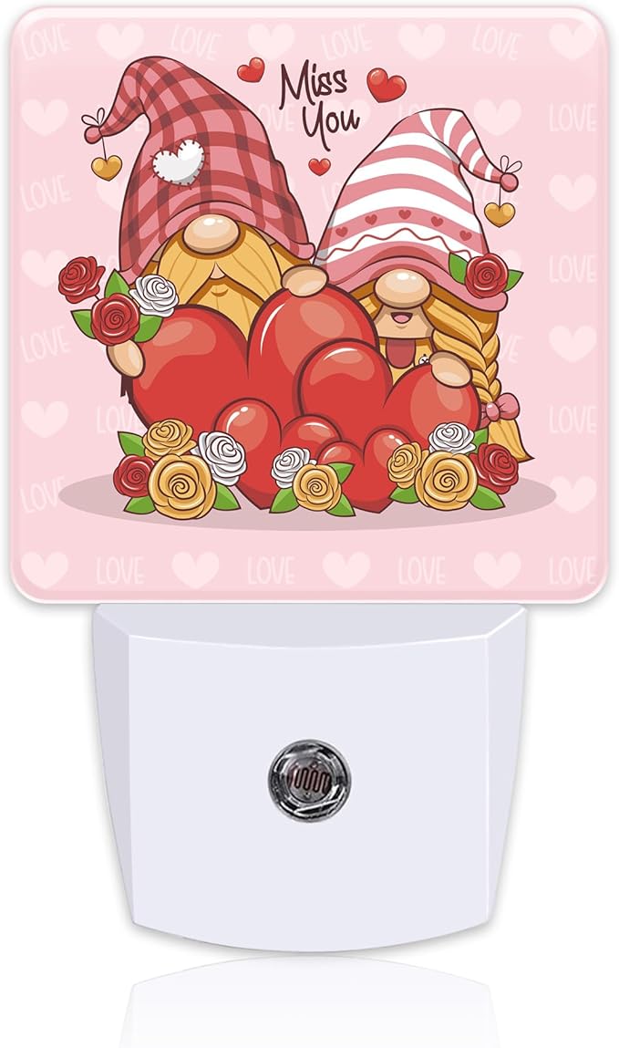 Valentine's Day Gnome Couple Night Light for Kids, Gnomes with Love Red Hearts Night Light Plug in with Dusk to Dawn Sensor,0.5w Energy Saving Nightlight for Hallway Stairway Kitchen Bedroom