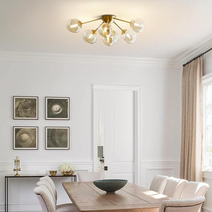 KCO Lighting 7-Lights Mid Century Modern Flush Mount Ceiling Light Overhead Amber Glass Globe Sputnik Chandelier Ceiling Light Fixture Brass Gold Bedroom Living Room Ceiling Lighting