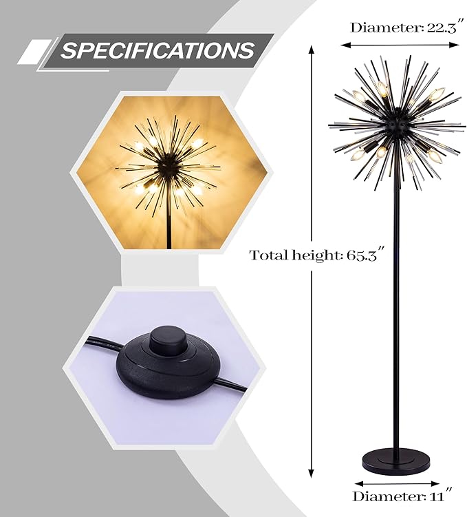 Wellmet Black Floor Lamp, Mid Century Modern Floor Lamps for Living Room Bedroom, 65.3 Inch Tall Unique Metal Floor Lamp for Corner Decorative, Globe Shade