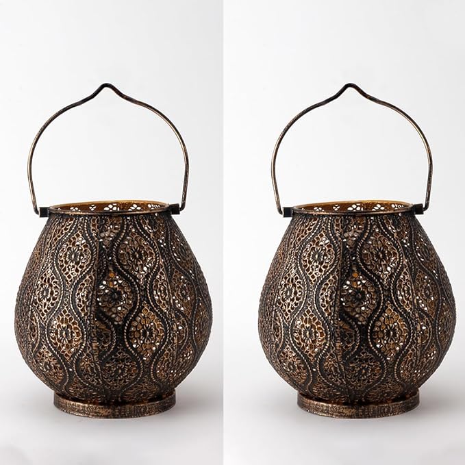 TRIROCKS Set of 2 Moroccan Decorative Lamps 8'' High Cordless Lamp Metal Table Lamps with Fairy Lights Bulb for Home Living Room Garden Yard Party Events Tabletop Indoor Outdoor(Black)