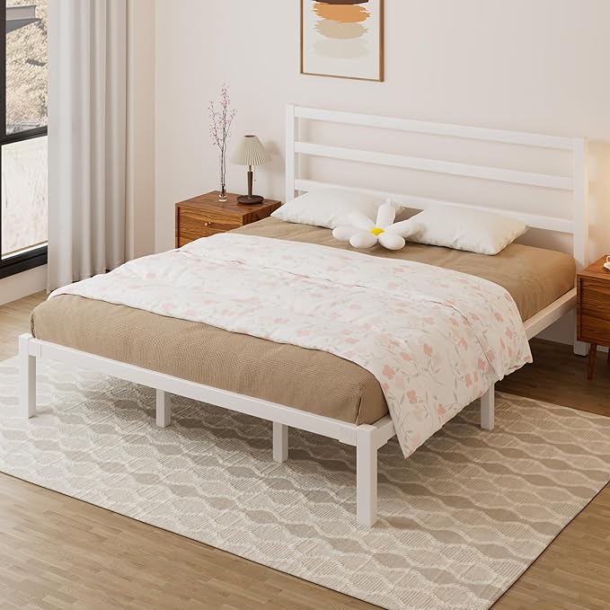 King Size Bed Frame, Metal Platform Bed Frame with Headboard and Footboard, Underbed Storage Space, No Box Spring Needed, Easy Assembly, Modern, White