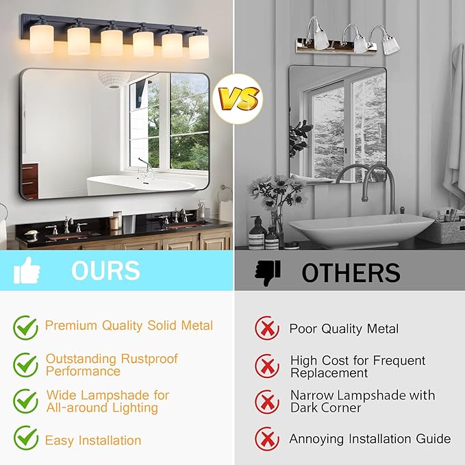 6 Light Modern Bathroom Light Fixtures Over Mirror, Black Vanity Lights for Bathroom Wall Sconces with Milky White Glass Shades, E26 Socket (Bulbs Not Included)